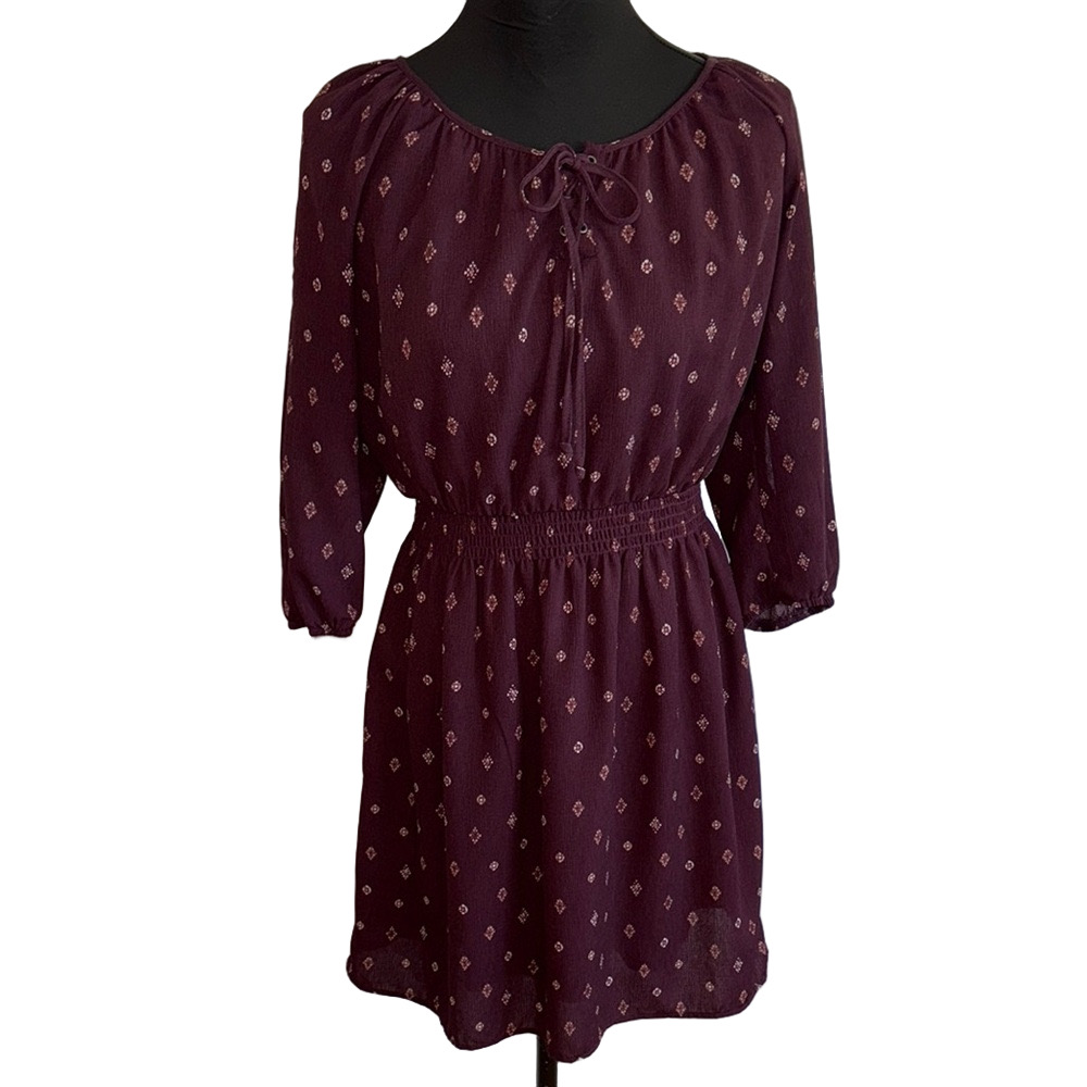 Maurices Burgundy Boho Peasant Mini Dress Tie Neck Size M - Picture 1 of 9